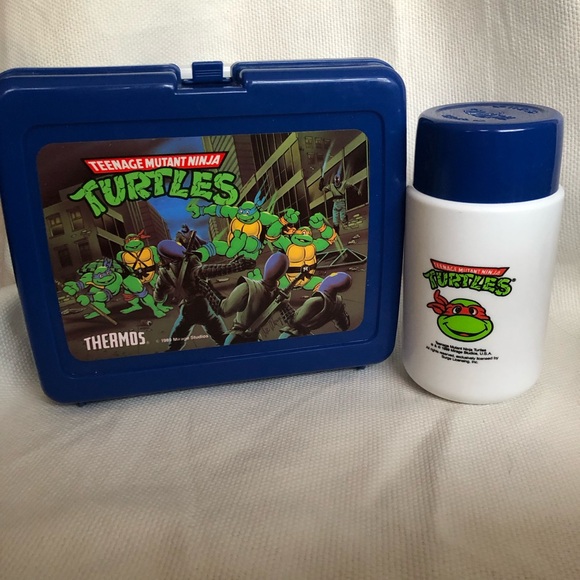 1989 Teenage Mutant Ninja Turtles blue Lunchbox and Thermos vintage NWOT plastic - Picture 1 of 11